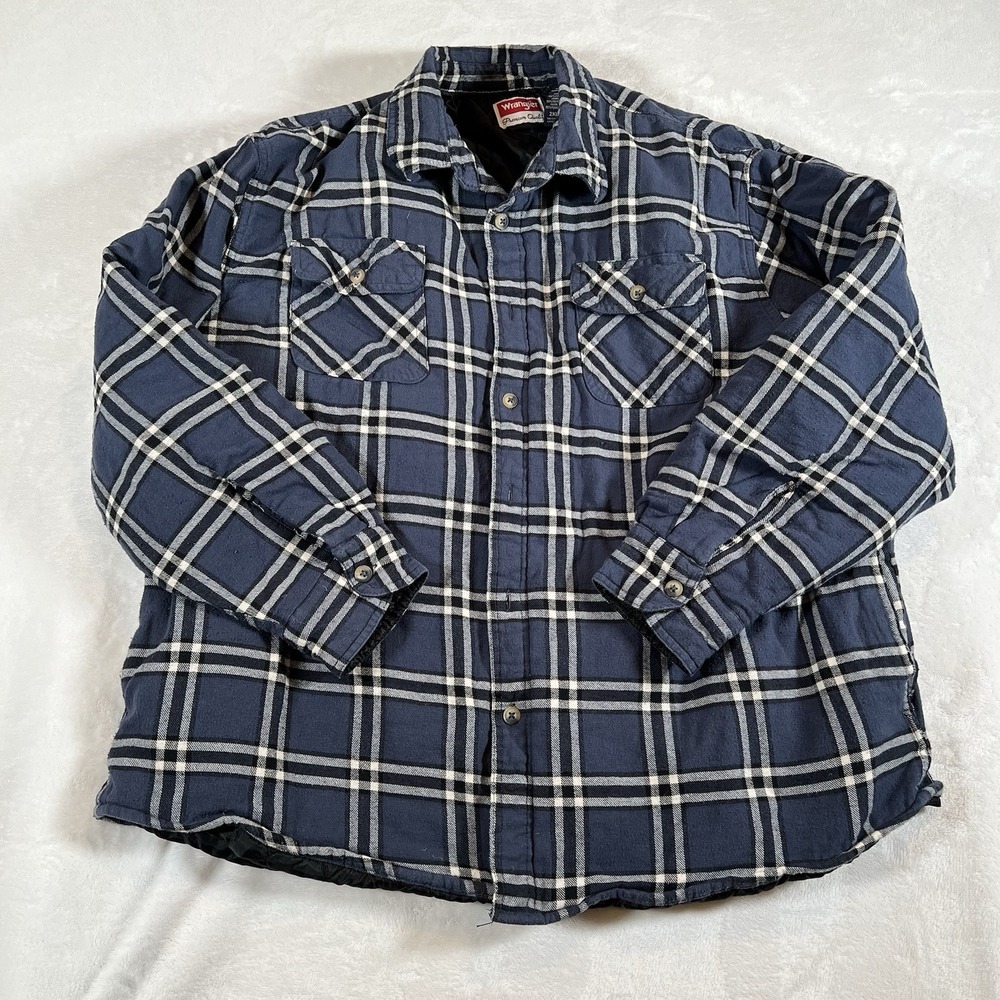 Wrangler Men's 2XL‎ Sherpa Lined Flannel Shirt Jacket Blue Plaid Fleece Shacket